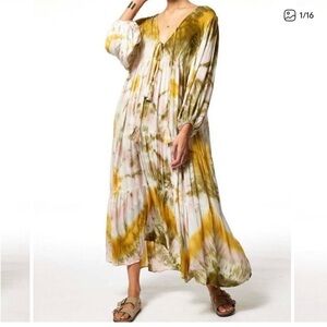 Young Fabulous & Broke Dawn Flowy Boho Maxi Dress in Olive Venus Tie Dye Sz Med